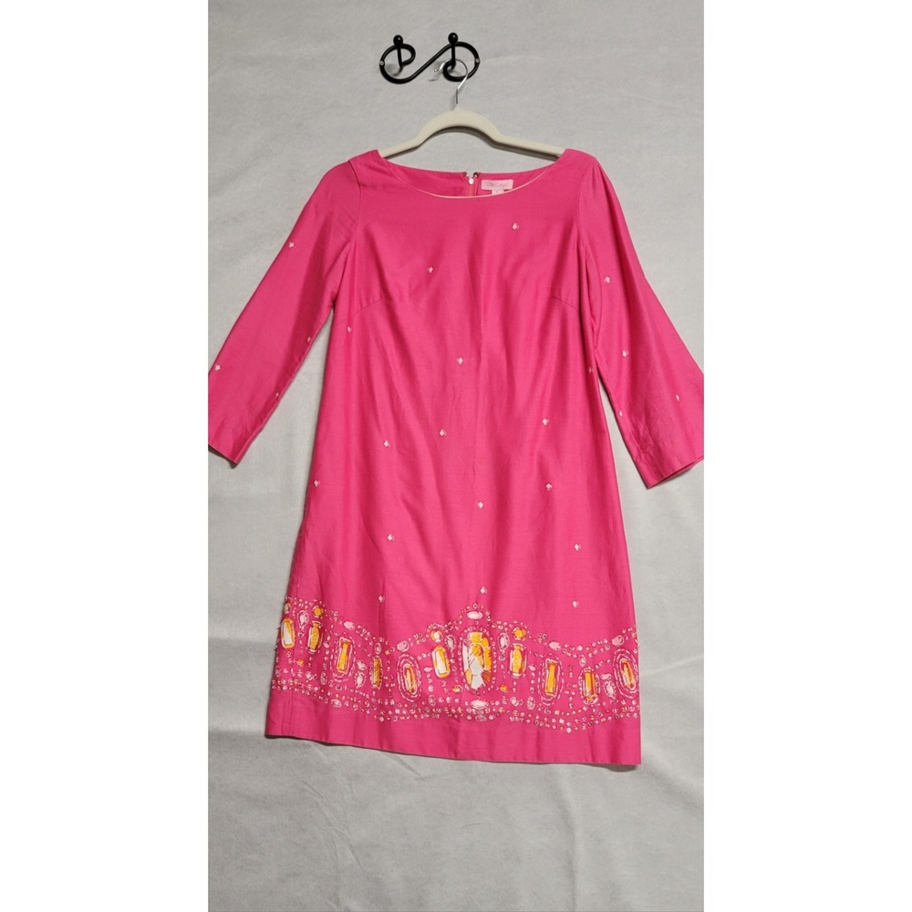 Pink W Jewels Print And Clear Crystal Trim Ls Short Lilly Pulitzer Dress Size 6
